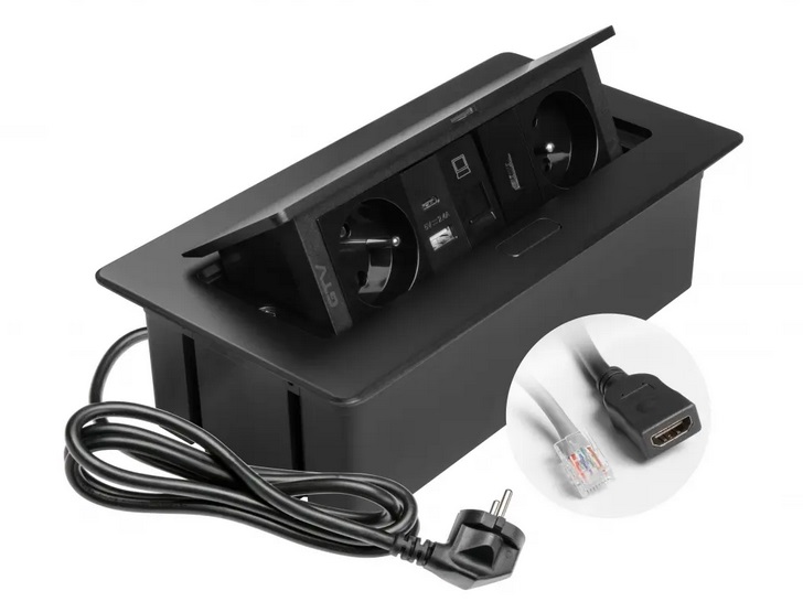 Iebūvējams rozešu bloks MULTISOFT, 2xSHUKO, USB A+C, HDMI, vads 1.5 m